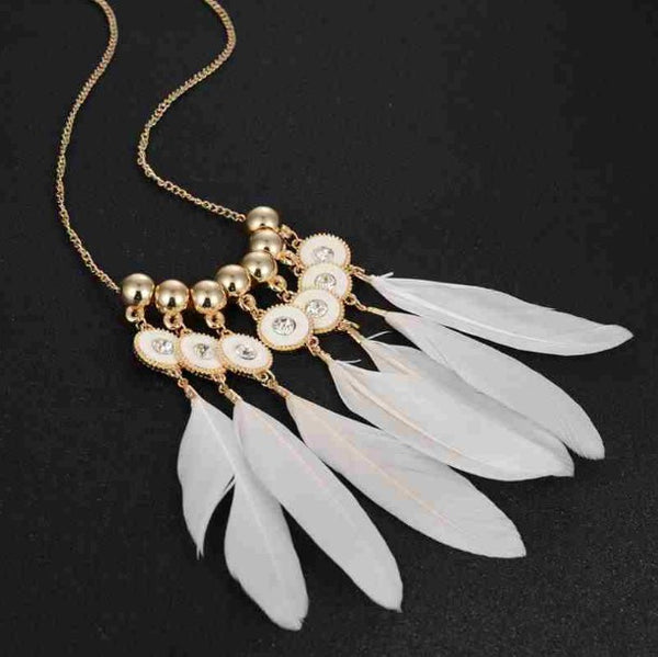 White Feather Rhinestone Necklace